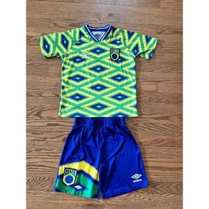 Umbro Brazil Soccer Kit Kids Medium Jersey and Shorts Set Green Blue Yellow